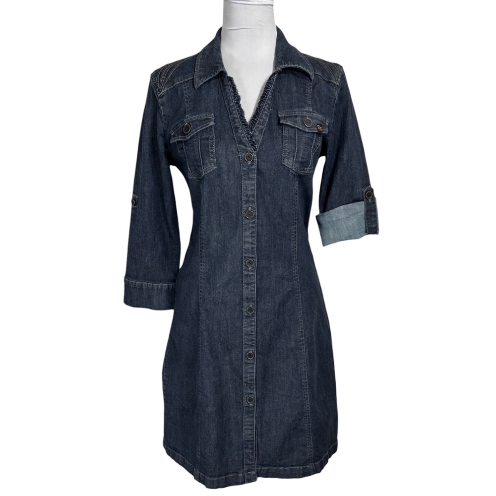 DKNY‎ Jeans Tailored Denim Shirt Dress Size M Button Front Western Utility Y2K